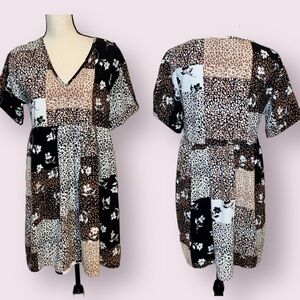Hiatus Babydoll Tunic Mini Dress Leopard Floral Patchwork Print Size Small